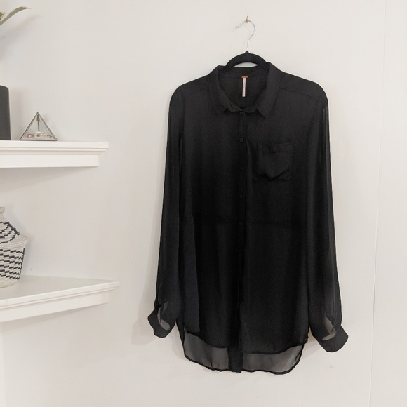 Free People Black Half Sheer Button Up Large - Picture 2 of 3